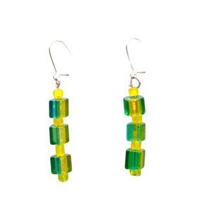 Givre Art Glass Modernist Earrings with Blue Faceted Glass Cubes, Vintage Dangle